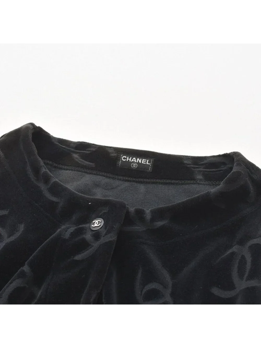 Chanel Jacket Cardigan Vintage CC Logo Coco Buttons Velour Black Silver 40